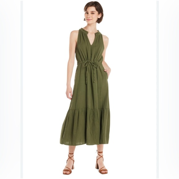Time & Tru NWT Green Sleeveless Drawstring Waist Midi Dress E42 - Picture 1 of 11